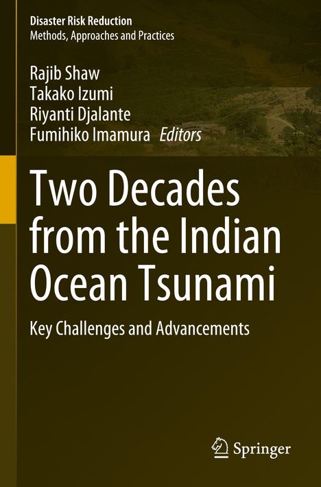Ein Buchcover mit den Texten: "Disaster Risk Reduction", "Two Decades from the Indian Ocean Tsunami", Autoren: Shaw, Izumi, Djalante, Imamura. Springer-Logo unten.