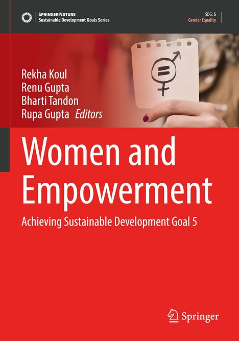 Titel: "Women and Empowerment: Achieving Sustainable Development Goal 5." Oben Notizblatt mit Gleichheitssymbol.