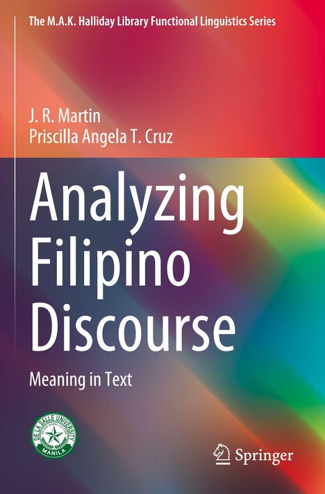 „Analyzing Filipino Discourse“ von J.R. Martin und Priscilla Angela T. Cruz, lebhaft-buntes Cover, Logo von Springer und DLSU.