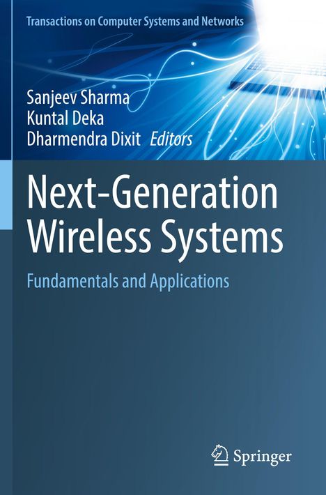 „Next-Generation Wireless Systems“, blaue Töne, weiße Linien, Laptop, Springer-Logo unten rechts.