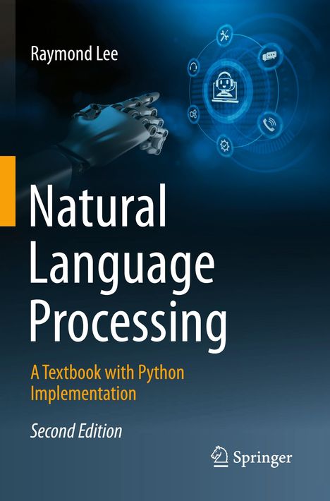 „Natural Language Processing“, A Textbook with Python Implementation. Ein Roboterarm zeigt auf digitale Symbole.