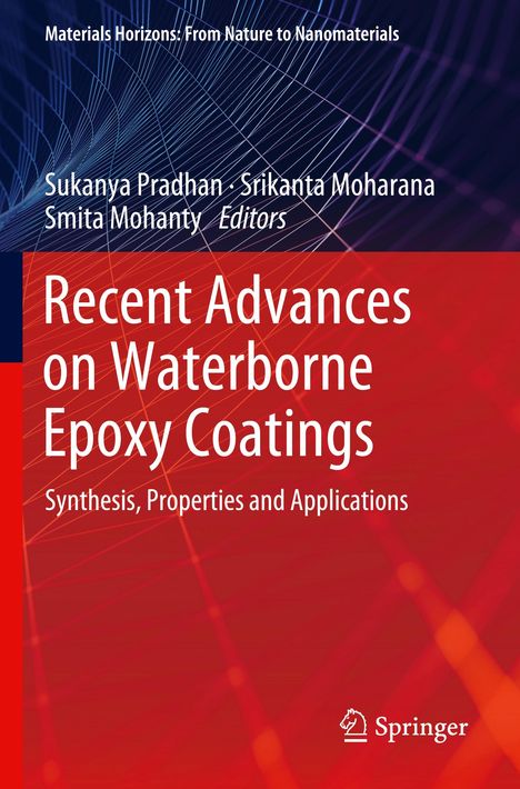"Recent Advances on Waterborne Epoxy Coatings" in Weiß auf rotem Hintergrund, darunter "Springer" Logo. Abstraktes Linienmuster.