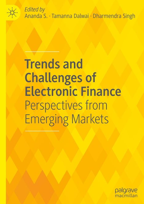 Buchtitel: "Trends and Challenges of Electronic Finance: Perspectives from Emerging Markets". Gelber Hintergrund mit Muster.