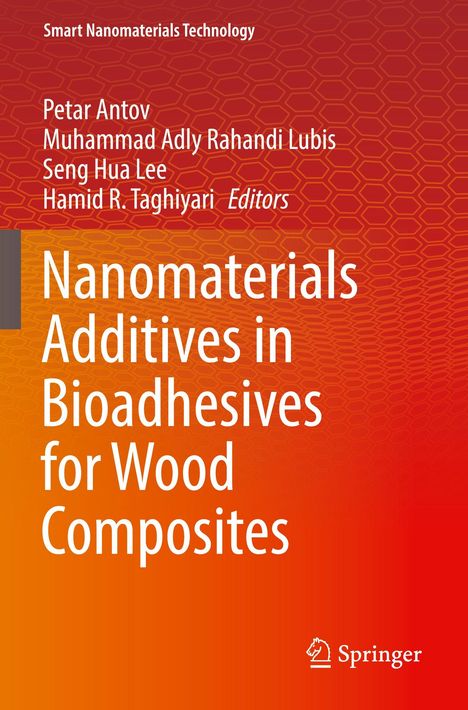 Buchtitel: "Nanomaterials Additives in Bioadhesives for Wood Composites". Orange Hintergrund mit Wabenmuster. Logo unten.