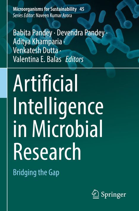 Buchcover: "Artificial Intelligence in Microbial Research", Mikroskopische Bakterien im Hintergrund, Springer-Logo unten rechts.