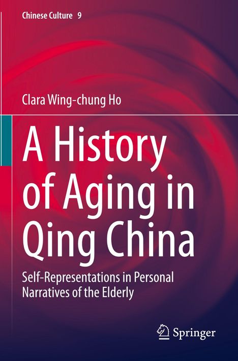 Clara Wing-chung Ho, "A History of Aging in Qing China", rot-violetter Hintergrund mit weißen Texten, Verlagssymbol unten.