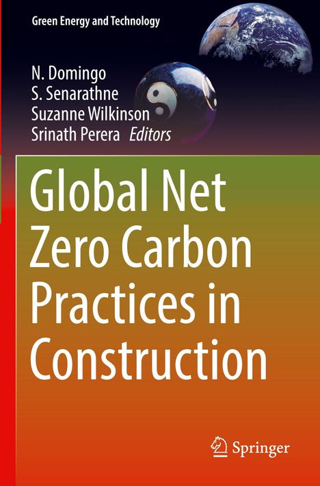 Titel: Global Net Zero Carbon Practices in Construction. Logos: Springer, Weltkugel und Yin-Yang-Symbol.