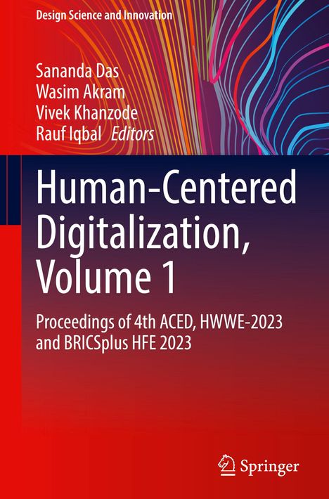 Buchtitel: Human-Centered Digitalization, Volume 1. Hintergründe in Rot und Violett mit bunten Linien. Logo: Springer.