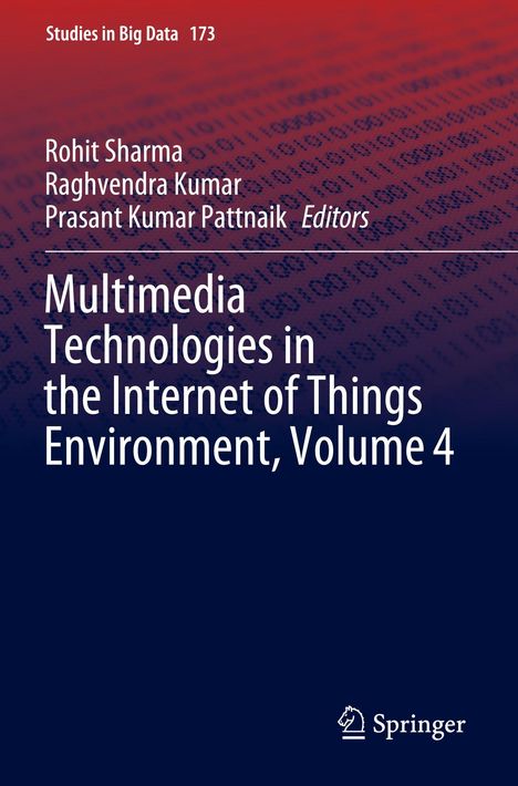 "Multimedia Technologies in the Internet of Things Environment, Volume 4", rote und blaue Grafik mit Binärcode und Springer-Logo.