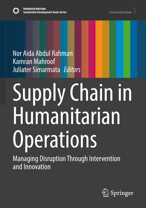 "Supply Chain in Humanitarian Operations" in weißer Schrift auf grauem Hintergrund. Bunte vertikale Streifen oben.
