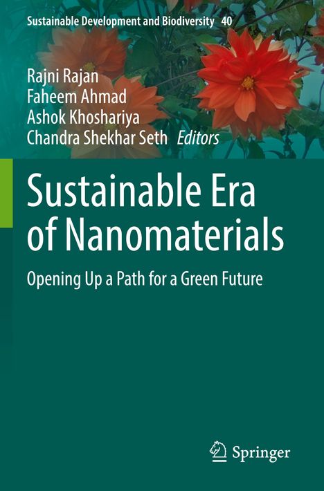 „Sustainable Era of Nanomaterials“: Grüner Hintergrund, rote Blumen, Herausgebernamen, Springer-Logo.