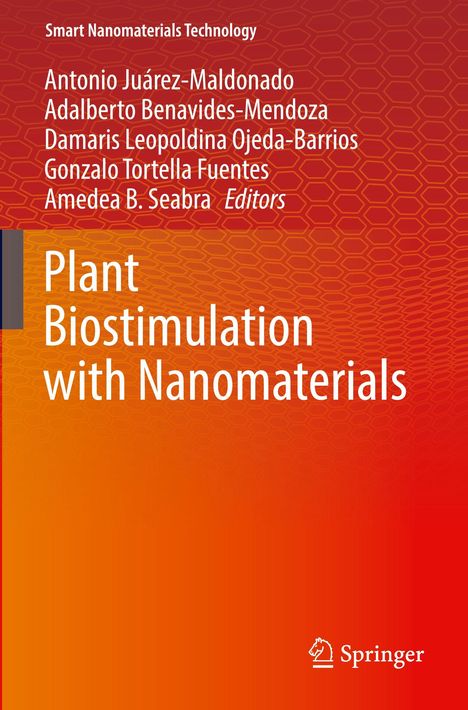 Titel: "Plant Biostimulation with Nanomaterials". Orangefarbener Hintergrund mit wabenartigem Muster. Springer-Logo.