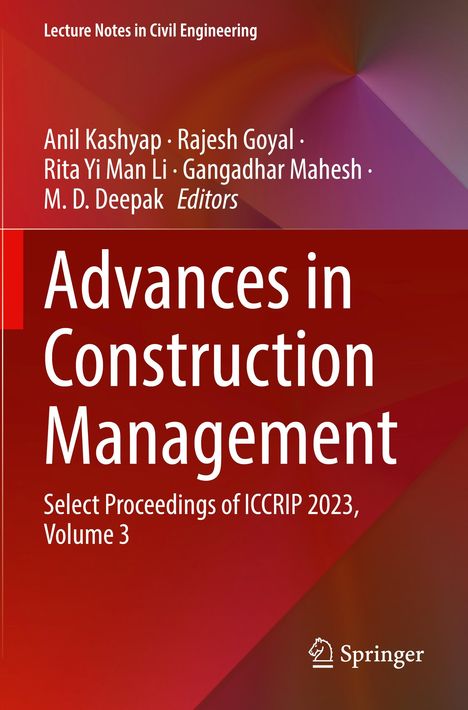 „Advances in Construction Management“, Konferenzband ICCRIP 2023, Band 3. Rote und violette Farbverläufe.