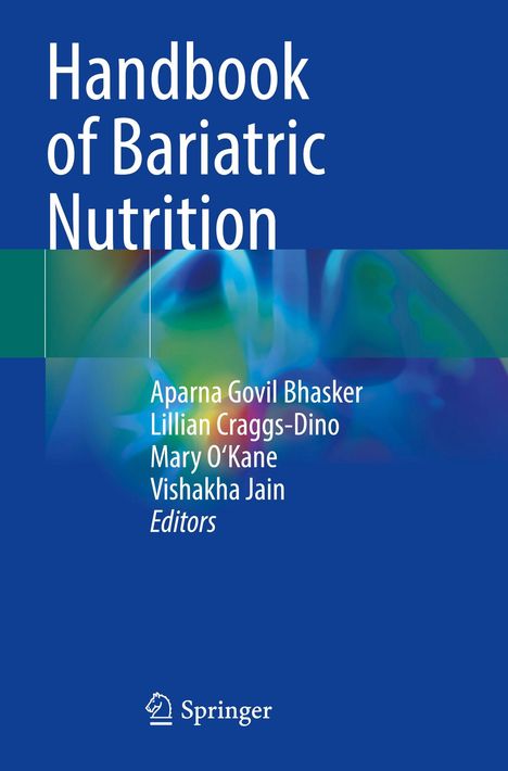Text: "Handbook of Bariatric Nutrition" und Namen der Herausgeber. Buntes Hintergrundmuster, blau dominierend. Springer-Logo.