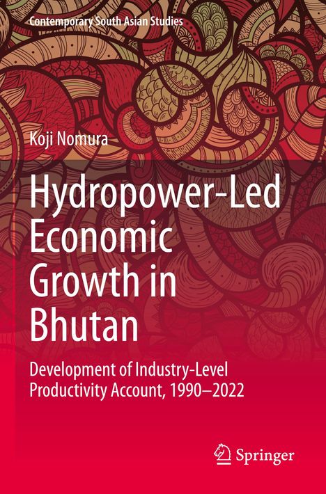 Text: "Hydropower-Led Economic Growth in Bhutan". Hintergrund: Rote und beige, geschwungene, abstrakte Muster.