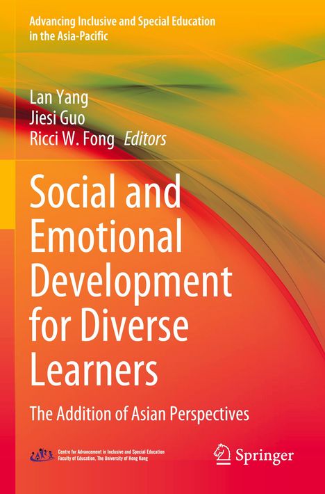 Orange Hintergrund mit grün-gelben Linien. Text: "Social and Emotional Development for Diverse Learners." Springer-Logo.
