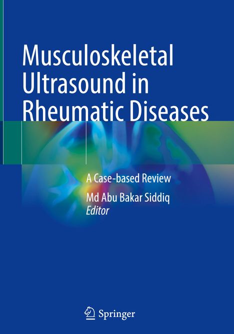 „Musculoskeletal Ultrasound in Rheumatic Diseases“ steht über einem bunten Hintergrund; „Springer“-Logo unten.