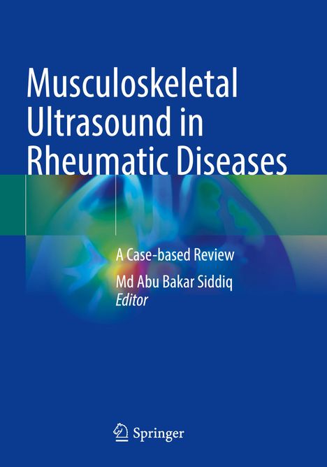 "Musculoskeletal Ultrasound in Rheumatic Diseases" steht auf einem blauen Buchcover, mit einem farbigen Hintergrundbild.