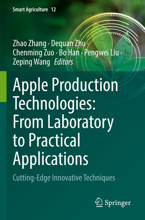 Titel: "Apple Production Technologies: From Laboratory to Practical Applications". Grüner Hintergrund, Blattmuster.