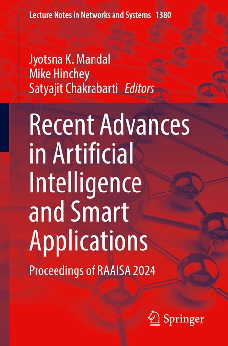 Text: Recent Advances in Artificial Intelligence and Smart Applications. Illustration eines Netzes aus metallischen Kugeln.