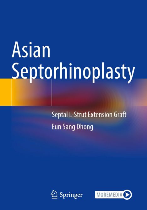 Text: "Asian Septorhinoplasty, Septal L-Strut Extension Graft, Eun Sang Dhong." Blauer Hintergrund mit Farbverlauf und zwei Logos.
