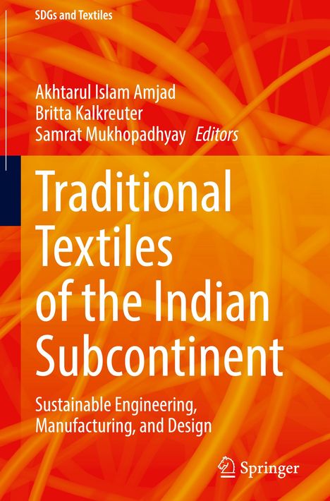 Text: "Traditional Textiles of the Indian Subcontinent." Bunter, abstrakter Hintergrund mit leuchtenden, geschwungenen Linien.