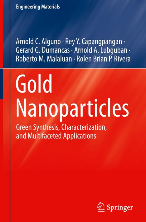 Text: Gold Nanoparticles. Green Synthesis, Characterization, and Multifaceted Applications. Farben: Blau, Rot. Logo: Springer.