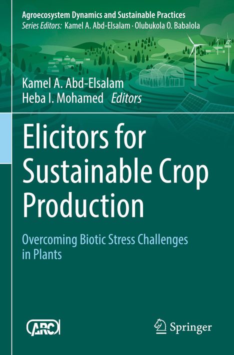 Titel: "Elicitors for Sustainable Crop Production". Hintergrund zeigt Landschaft mit Windrädern und Gewächshaus.