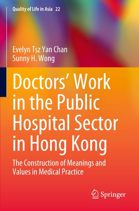 Buchtitel: "Doctors' Work in the Public Hospital Sector in Hong Kong" vor buntem, verschwommenem Hintergrund.