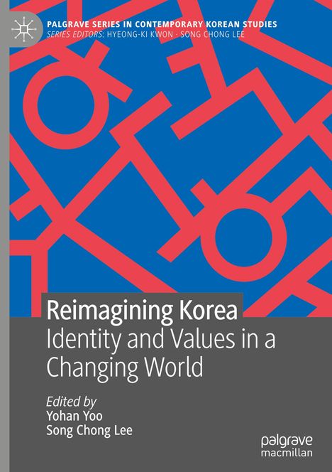 „Reimagining Korea: Identity and Values in a Changing World“. Oben rote Linien auf blauem Hintergrund, grauer Streifen links.