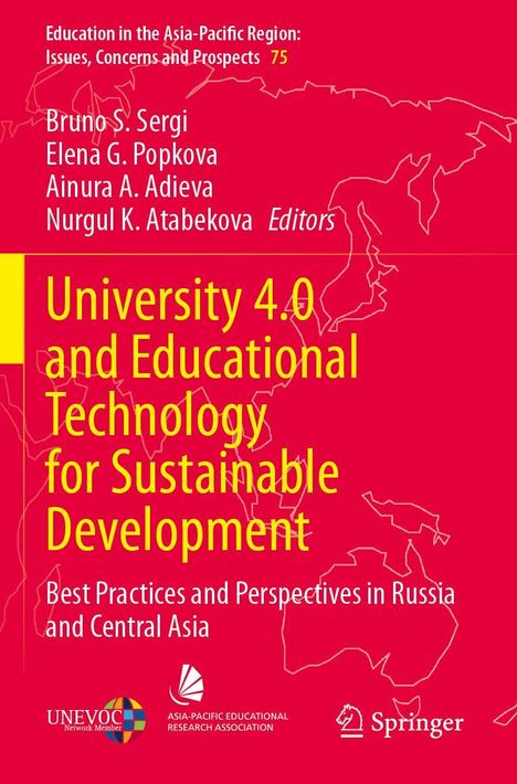 „University 4.0 and Educational Technology for Sustainable Development“ auf rotem Hintergrund mit abstrakter Karte.