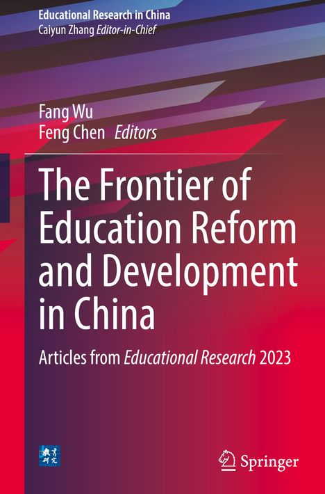 "The Frontier of Education Reform and Development in China". Rote und violette geometrische Formen im Hintergrund.