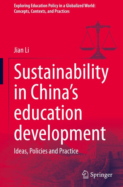 "Sustainability in China's education development" auf rotem Hintergrund, rechts eine Waage und am unteren Rand die Chinesische Mauer.