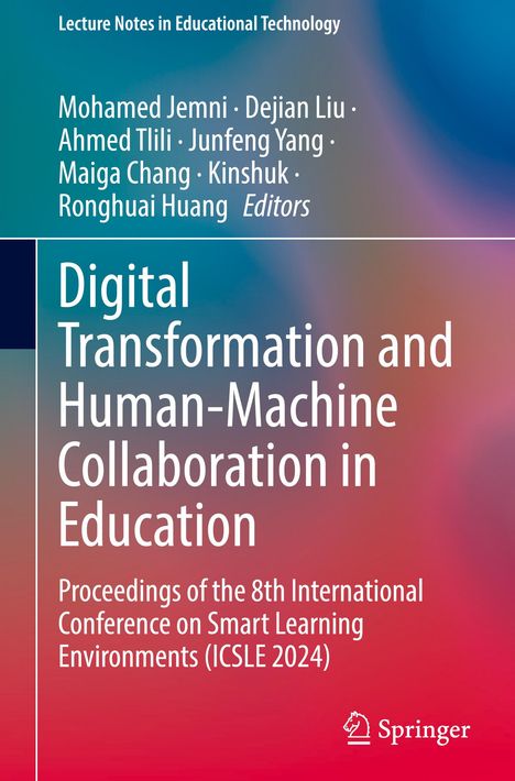 Titel: Digital Transformation and Human-Machine Collaboration in Education. Hintergrund in Blau- und Rottönen.