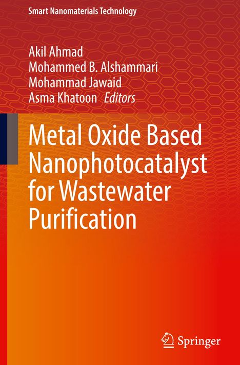 Titel: "Metal Oxide Based Nanophotocatalyst for Wastewater Purification". Hintergrund in Rot-Orange mit Wabenmuster.