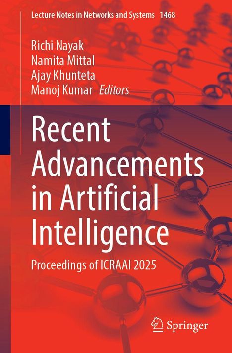 Text: "Recent Advancements in Artificial Intelligence. Proceedings of ICRAAI 2025. Springer." Hintergrund: rote Molekül-Struktur.