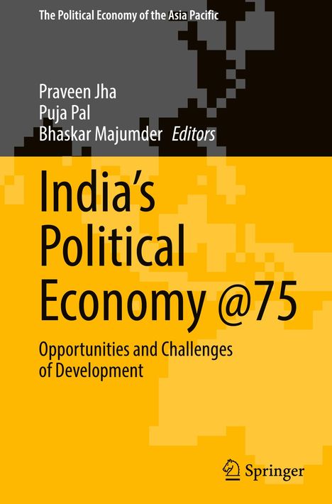 "India's Political Economy @75" oben, Autoren unten, Springer-Logo, gelb-grauer Hintergrund mit gepixeltem Design.