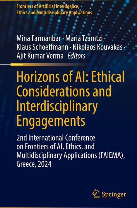 Text: "Horizons of AI: Ethical Considerations and Interdisciplinary Engagements." Dunkler Hintergrund mit blauen Lichtpunkten.