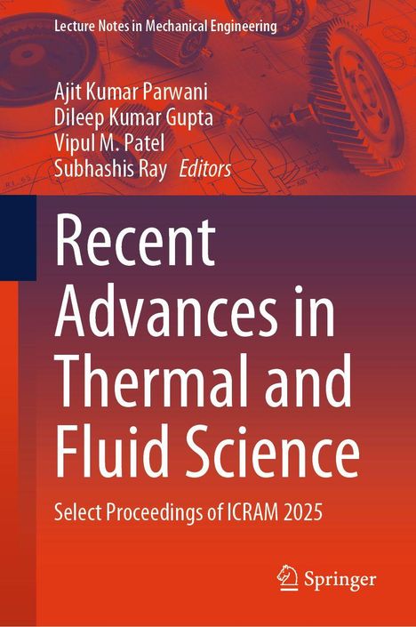 "Recent Advances in Thermal and Fluid Science" steht auf rotem Hintergrund mit technischen Zeichnungen und Zahnrädern.