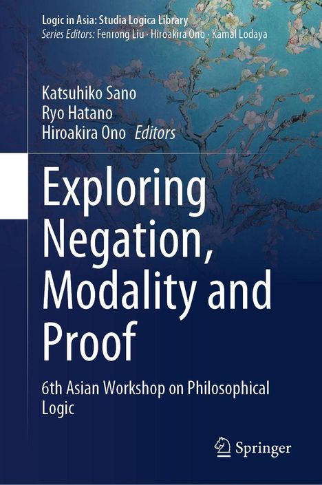Titel: Exploring Negation, Modality and Proof. Hintergrund mit blühenden Zweigen und Blau. Springer-Logo unten.