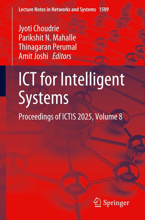Titel: "ICT for Intelligent Systems: Proceedings of ICTIS 2025, Volume 8". Rote Abstraktion mit Netz- und Kugelmuster.