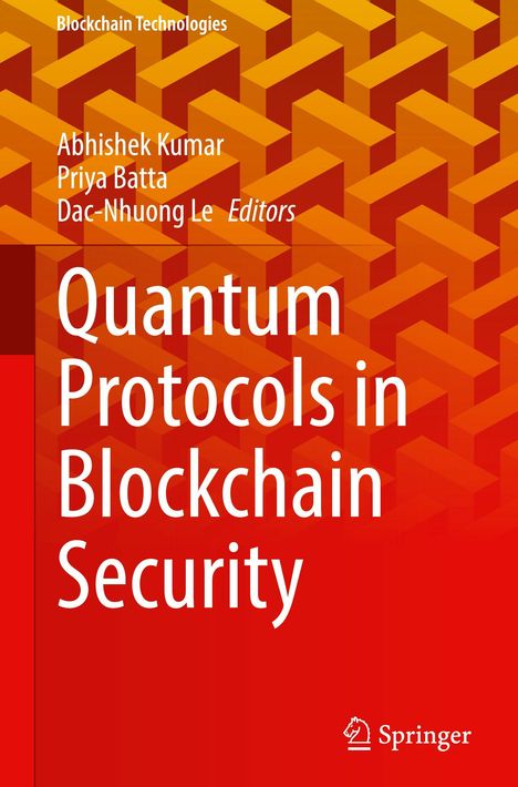 „Quantum Protocols in Blockchain Security“ in weißem Text auf einem roten Hintergrund mit geometrischen Mustern.
