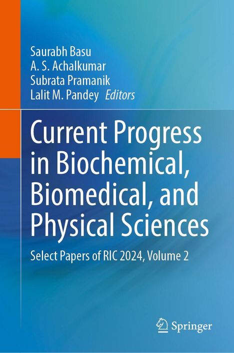 Titel: Current Progress in Biochemical, Biomedical, and Physical Sciences. Farbverlauf von Blau zu Orange.