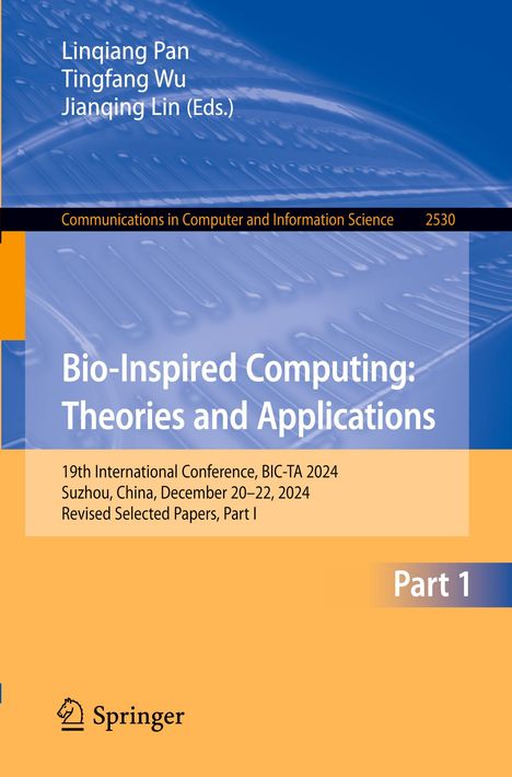 "Bio-Inspired Computing: Theories and Applications", Konferenz BIC-TA 2024, Suzhou, China. Springer-Logo, abstrakte blaue Grafik.