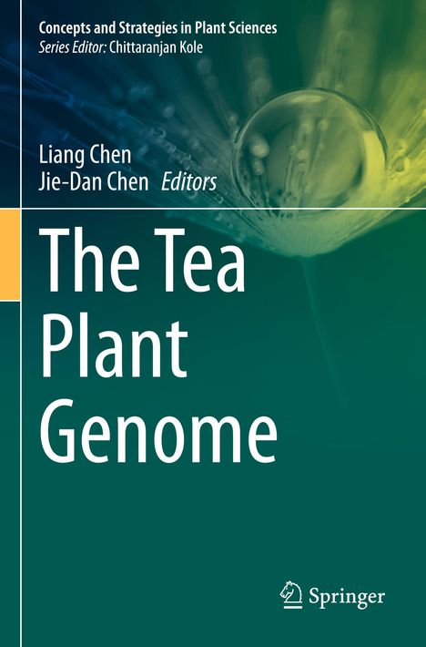 Text: "The Tea Plant Genome", "Editors: Liang Chen, Jie-Dan Chen". Grüner Hintergrund, Logo links unten.