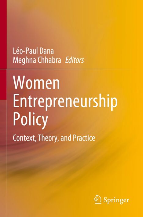 Buchtitel: "Women Entrepreneurship Policy: Context, Theory, and Practice". Herausgeber: Léo-Paul Dana, Meghna Chhabra. Hintergrund: Farbverlauf.