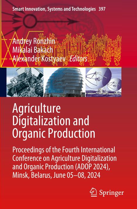 Titel: Agriculture Digitalization and Organic Production. Rote Farbverläufe, technische und architektonische Bildelemente.