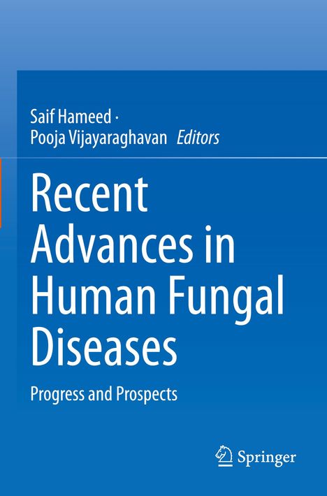 Blauer Hintergrund; Text: "Recent Advances in Human Fungal Diseases." Autoren: Saif Hameed, Pooja Vijayaraghavan; Logo: Springer.