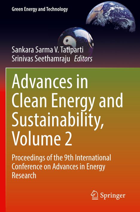 "Advances in Clean Energy and Sustainability, Volume 2." Wissenschaftsbuch mit Logo und Erde im Hintergrund.