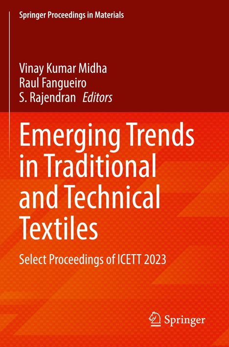 "Emerging Trends in Traditional and Technical Textiles" in Weiß auf rotem und orangefarbenem Hintergrund.